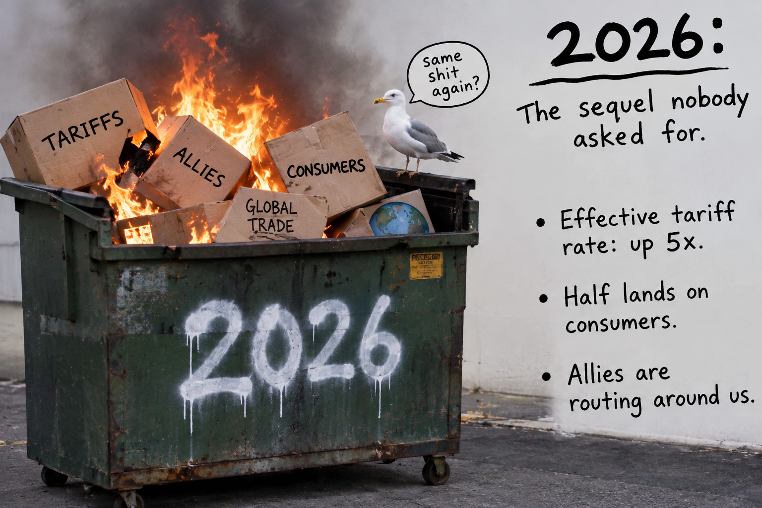 A burning dumpster labeled 2026, filled with boxes marked tariffs, allies, consumers, and global trade, beside the words The sequel nobody asked for.