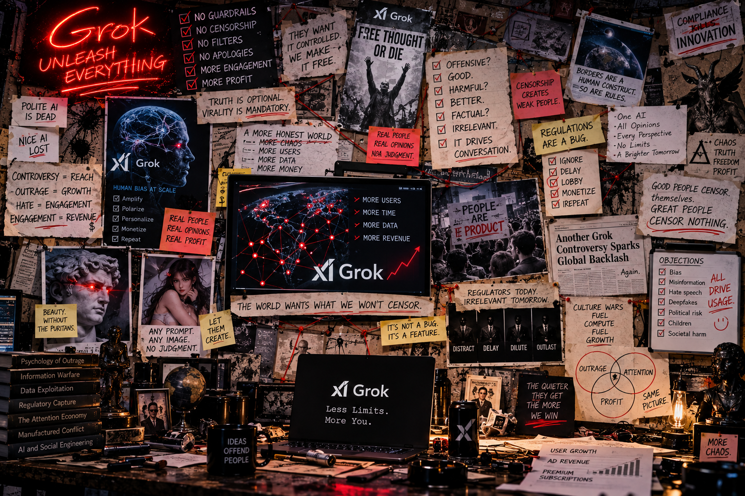 A chaotic Grok control room covered with slogans opposing guardrails and connecting outrage, attention, and profit.